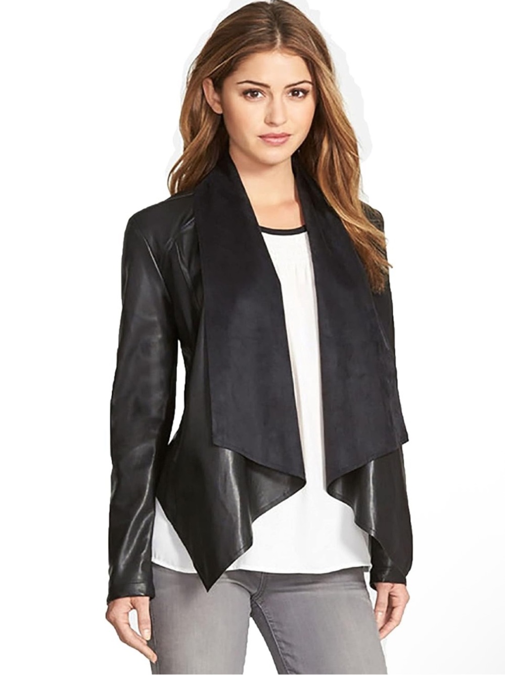 Kut From the Cloth Draped Open-Front Faux Leather Jacket Large